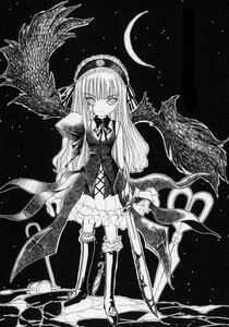 Rating: Safe Score: 0 Tags: 1girl crescent_moon dress frills greyscale hairband long_hair monochrome moon night sitting sky solo star_(sky) starry_sky suigintou traditional_media wings User: admin