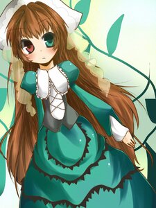 Rating: Safe Score: 0 Tags: 1girl blush brown_hair dress frills green_dress green_eyes hat heterochromia image long_hair long_sleeves looking_at_viewer red_eyes solo standing suiseiseki very_long_hair User: admin