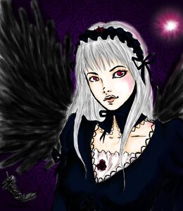 Rating: Safe Score: 0 Tags: 1girl black_wings dress feathered_wings feathers flower frills hairband image long_hair long_sleeves looking_at_viewer red_eyes silver_hair solo suigintou upper_body wings User: admin