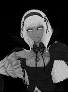 Rating: Safe Score: 0 Tags: 1girl bangs black_background dress greyscale hairband image long_sleeves looking_at_viewer monochrome smile solo suigintou upper_body wings User: admin