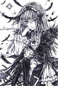 Rating: Safe Score: 0 Tags: 1girl bird black_feathers dress feathers flower frills greyscale hairband image long_hair long_sleeves looking_at_viewer monochrome solo suigintou traditional_media very_long_hair wings User: admin