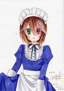 Rating: Safe Score: 0 Tags: 1girl :o apron artist_name blue_dress blush brown_hair dated dress frills green_eyes heterochromia image juliet_sleeves long_sleeves looking_at_viewer marker_(medium) open_mouth red_eyes short_hair signature simple_background solo souseiseki traditional_media white_background User: admin