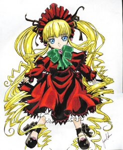 Rating: Safe Score: 0 Tags: 1girl bangs black_footwear blonde_hair bloomers blue_eyes bow bowtie dress frills full_body green_bow image long_hair long_sleeves looking_at_viewer marker_(medium) shinku shoes signature solo traditional_media twintails underwear very_long_hair User: admin