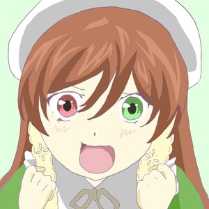 Rating: Safe Score: 0 Tags: 1girl beret blush brown_hair fang green_background green_eyes hat image long_hair looking_at_viewer open_mouth smile solo suiseiseki User: admin