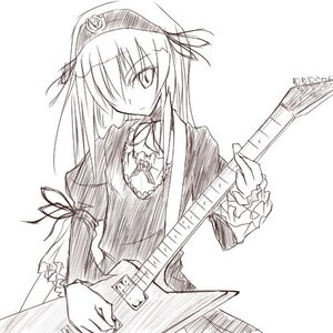 Rating: Safe Score: 0 Tags: 1girl brooch dress frills greyscale hair_ribbon hat image instrument long_hair long_sleeves looking_at_viewer monochrome ribbon simple_background solo suigintou white_background User: admin