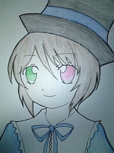 Rating: Safe Score: 0 Tags: 1girl bangs blue_background blue_neckwear blue_ribbon closed_mouth eyebrows_visible_through_hair green_eyes hat image looking_at_viewer monochrome neck_ribbon portrait ribbon short_hair simple_background smile solo souseiseki spot_color traditional_media upper_body User: admin