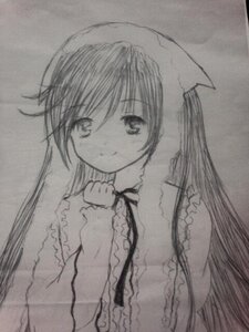 Rating: Safe Score: 0 Tags: 1girl bangs closed_mouth frills greyscale image long_hair long_sleeves looking_at_viewer monochrome ribbon simple_background smile solo suiseiseki traditional_media twintails upper_body very_long_hair User: admin