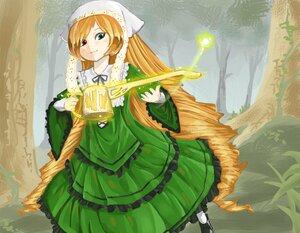 Rating: Safe Score: 0 Tags: 1girl brown_hair dress frills green_dress green_eyes heterochromia holding image long_hair long_sleeves outdoors red_eyes smile solo suiseiseki tree very_long_hair watering_can User: admin