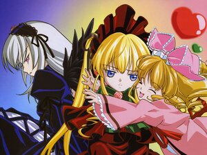 Rating: Safe Score: 0 Tags: 3girls black_wings blonde_hair blue_eyes bow closed_eyes dress flower frills hairband hug image long_hair long_sleeves multiple multiple_girls pink_eyes red_dress rose shinku silver_hair suigintou tagme wings User: admin