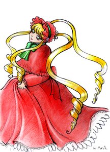 Rating: Safe Score: 0 Tags: 1girl blonde_hair bonnet bow bowtie dress drill_hair frills green_bow green_eyes image long_hair long_sleeves looking_at_viewer marker_(medium) red_dress shinku signature simple_background solo traditional_media twintails very_long_hair white_background User: admin