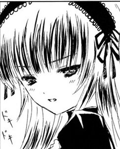 Rating: Safe Score: 0 Tags: 1girl bangs blush close-up eyebrows_visible_through_hair greyscale hair_ribbon image long_hair looking_at_viewer monochrome parted_lips ribbon simple_background solo suigintou white_background User: admin