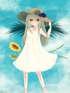 Rating: Safe Score: 0 Tags: 1girl barefoot blush dress flower hat image long_hair red_eyes solo standing suigintou sundress sunflower water User: admin