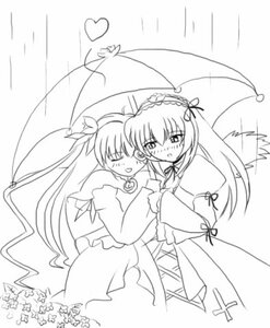 Rating: Safe Score: 0 Tags: 2girls :d barasuishou blush dress greyscale holding holding_umbrella image long_hair long_sleeves monochrome multiple_girls open_mouth pair parasol rain shared_umbrella simple_background smile suigintou umbrella very_long_hair wings yuri User: admin