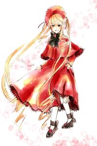 Rating: Safe Score: 0 Tags: 1girl blonde_hair bonnet bow bowtie capelet dress full_body image long_hair long_sleeves looking_at_viewer red_dress shinku smile solo standing twintails User: admin