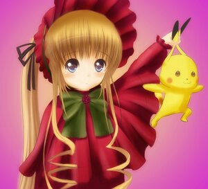 Rating: Safe Score: 0 Tags: 1girl blonde_hair blue_eyes blush bow dress image long_hair long_sleeves looking_at_viewer pink_background red_dress shinku simple_background solo twintails upper_body User: admin