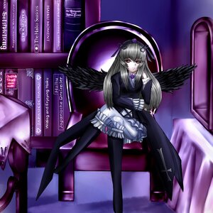 Rating: Safe Score: 0 Tags: 1girl black_legwear black_wings chair dress frills hairband image lolita_fashion long_hair long_sleeves pink_eyes rose silver_hair sitting solo suigintou thighhighs wings User: admin