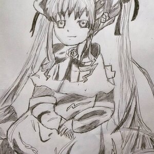 Rating: Safe Score: 0 Tags: 1girl dress flower greyscale hair_ribbon image long_hair long_sleeves monochrome ribbon rose shinku sidelocks smile solo traditional_media twintails very_long_hair User: admin