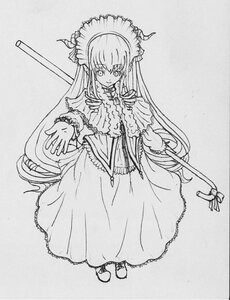 Rating: Safe Score: 0 Tags: 1girl dress frills full_body greyscale image long_hair long_sleeves looking_at_viewer monochrome shinku smile solo standing traditional_media very_long_hair User: admin