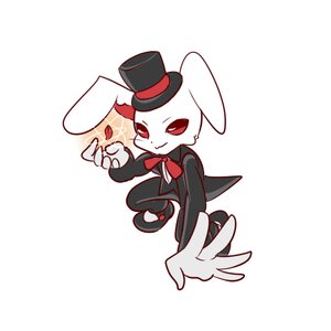 Rating: Safe Score: 0 Tags: 1boy animal_ears bowtie full_body hat heart image laplace_no_ma looking_at_viewer no_humans red_eyes red_neckwear simple_background smile solo standing striped tail top_hat white_background User: admin