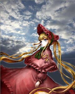 Rating: Safe Score: 0 Tags: 1girl blonde_hair blue_eyes bonnet bow capelet cloud dress image long_hair long_sleeves looking_at_viewer outdoors shinku sky solo standing twintails very_long_hair User: admin