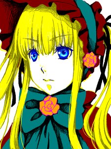 Rating: Safe Score: 0 Tags: 1girl bangs blonde_hair blue_eyes bonnet bow closed_mouth eyebrows_visible_through_hair flower green_bow hat image long_hair looking_at_viewer portrait red_flower rose shinku sidelocks simple_background solo white_background yellow_background User: admin