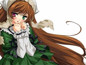 Rating: Safe Score: 0 Tags: 1girl blush brown_hair dress frills green_dress green_eyes hat heterochromia image long_hair long_sleeves looking_at_viewer red_eyes ribbon simple_background solo suiseiseki very_long_hair User: admin