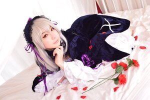 Rating: Safe Score: 0 Tags: 1girl dress flower frilled_sleeves frills hairband lips long_hair long_sleeves looking_at_viewer petals red_eyes ribbon rose silver_hair solo suigintou wings User: admin