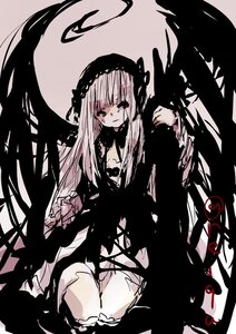 Rating: Safe Score: 0 Tags: 1girl black_wings dress frills image joints long_hair long_sleeves looking_at_viewer monochrome sad sitting solo suigintou very_long_hair wings User: admin