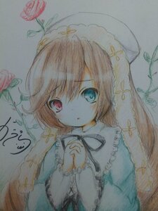 Rating: Safe Score: 0 Tags: 1girl bangs blue_eyes blush brown_hair dress eyebrows_visible_through_hair flower hair_between_eyes heterochromia image juliet_sleeves long_hair long_sleeves looking_at_viewer own_hands_together photo red_eyes rose solo suiseiseki traditional_media upper_body very_long_hair watercolor_(medium) User: admin