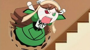 Rating: Safe Score: 0 Tags: 1girl brown_hair chibi dress green_dress heterochromia image long_hair long_sleeves open_mouth red_eyes ribbon solo suiseiseki very_long_hair User: admin