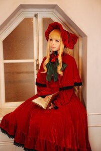 Rating: Safe Score: 0 Tags: 1girl bangs blonde_hair blue_eyes bonnet book bow bowtie capelet dress holding long_hair long_sleeves looking_at_viewer red_capelet red_dress shinku sidelocks solo standing User: admin