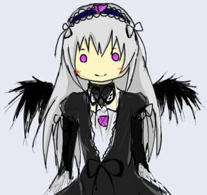 Rating: Safe Score: 0 Tags: 1girl black_wings dress feathered_wings flower hairband image lolita_hairband long_hair long_sleeves looking_at_viewer pink_eyes purple_eyes silver_hair simple_background smile solo suigintou wings User: admin