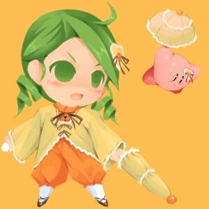 Rating: Safe Score: 0 Tags: 1girl blush drill_hair green_eyes green_hair image kanaria long_sleeves open_mouth orange_background simple_background solo User: admin