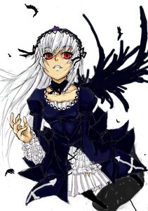 Rating: Safe Score: 0 Tags: 1girl black_feathers black_wings detached_collar dress feathers frills hairband image juliet_sleeves long_hair long_sleeves looking_at_viewer puffy_sleeves red_eyes smile solo suigintou white_background wings User: admin