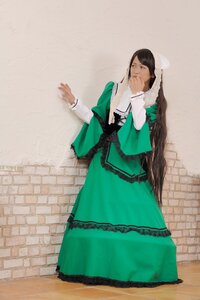 Rating: Safe Score: 0 Tags: 1girl against_wall black_hair brick_wall dress green_dress long_sleeves solo standing suiseiseki User: admin