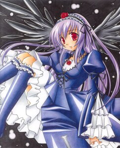 Rating: Safe Score: 0 Tags: 1girl black_wings dress flower frills hairband image long_hair long_sleeves looking_at_viewer marker_(medium) red_eyes rose sitting solo suigintou traditional_media wings User: admin