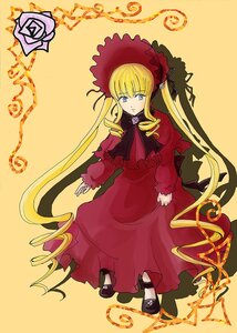 Rating: Safe Score: 0 Tags: 1girl blonde_hair blue_eyes bonnet bow bowtie dress full_body image long_hair long_sleeves looking_at_viewer red_dress shinku shoes simple_background solo standing twintails very_long_hair yellow_background User: admin