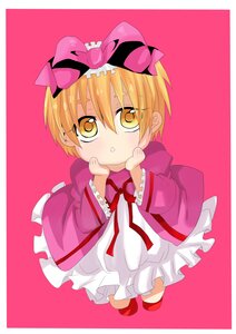 Rating: Safe Score: 0 Tags: 1girl blonde_hair bow chibi dress frills full_body hair_bow hands_on_own_face hinaichigo image long_sleeves looking_at_viewer pink_bow pink_dress red_footwear short_hair simple_background solo yellow_eyes User: admin