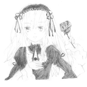 Rating: Safe Score: 0 Tags: 1girl bangs bird bird_on_hand blush closed_mouth dress eyebrows_visible_through_hair feathered_wings feathers flower greyscale hairband holding image long_hair long_sleeves looking_at_viewer monochrome ribbon rose simple_background solo suigintou traditional_media upper_body white_background wings User: admin