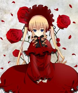 Rating: Safe Score: 0 Tags: 1girl blonde_hair blue_eyes bonnet bow bowtie capelet dress flower image long_hair long_sleeves petals red_capelet red_dress red_flower red_rose rose rose_petals shinku solo twintails v_arms User: admin