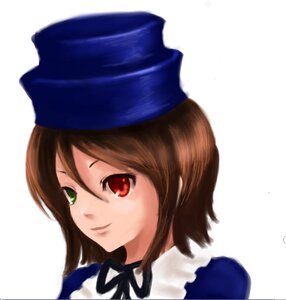 Rating: Safe Score: 0 Tags: 1girl bangs blue_dress blue_headwear brown_hair closed_mouth frills hat heterochromia image looking_at_viewer portrait red_eyes short_hair simple_background smile solo souseiseki striped white_background User: admin