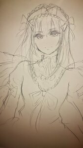 Rating: Safe Score: 0 Tags: 1girl blush closed_mouth dress hairband image long_hair looking_at_viewer monochrome sketch smile solo suigintou traditional_media upper_body wings User: admin