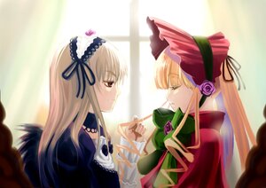 Rating: Safe Score: 0 Tags: 2girls blonde_hair bonnet curtains dress flower hairband image long_hair long_sleeves looking_at_another multiple_girls pair red_eyes rose shinku sisters suigintou User: admin