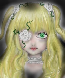 Rating: Safe Score: 0 Tags: 1girl blonde_hair choker eyelashes face flower green_eyes hair_flower hair_ornament image kirakishou lips long_hair portrait rose solo white_flower white_rose User: admin