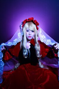 Rating: Safe Score: 0 Tags: 1girl blue_eyes dress flower gloves lips long_hair red_dress rose shinku solo veil white_hair User: admin