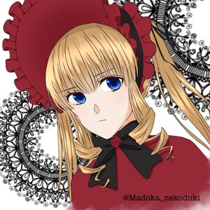 Rating: Safe Score: 0 Tags: 1girl blonde_hair blue_eyes bonnet bow bowtie drill_hair flower image long_hair looking_at_viewer portrait rose shinku solo twin_drills twintails white_background User: admin