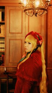 Rating: Safe Score: 0 Tags: 1girl blonde_hair bonnet dress indoors lips long_hair looking_at_viewer photo red_dress shinku solo User: admin