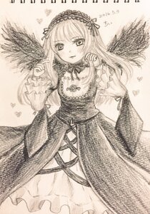 Rating: Safe Score: 0 Tags: 1girl dress flower frills graphite_(medium) greyscale hairband image long_hair long_sleeves looking_at_viewer monochrome ribbon solo suigintou traditional_media wings User: admin