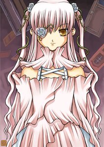 Rating: Safe Score: 0 Tags: 1girl bare_shoulders dress eyepatch flower hair_flower hair_ornament image kirakishou long_hair long_sleeves looking_at_viewer pink_hair rose solo white_flower white_rose yellow_eyes User: admin