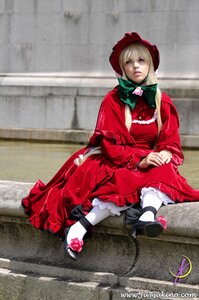 Rating: Safe Score: 0 Tags: 1girl auto_tagged blonde_hair blue_eyes bonnet bow capelet dress long_hair looking_at_viewer mary_janes pantyhose realistic red_capelet red_dress shinku shoes sitting solo white_legwear User: admin